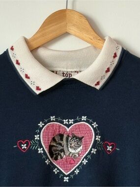 Vintage Top Stitch by Morning Sun Cat Heart Collared Sweater Navy Blue Size L